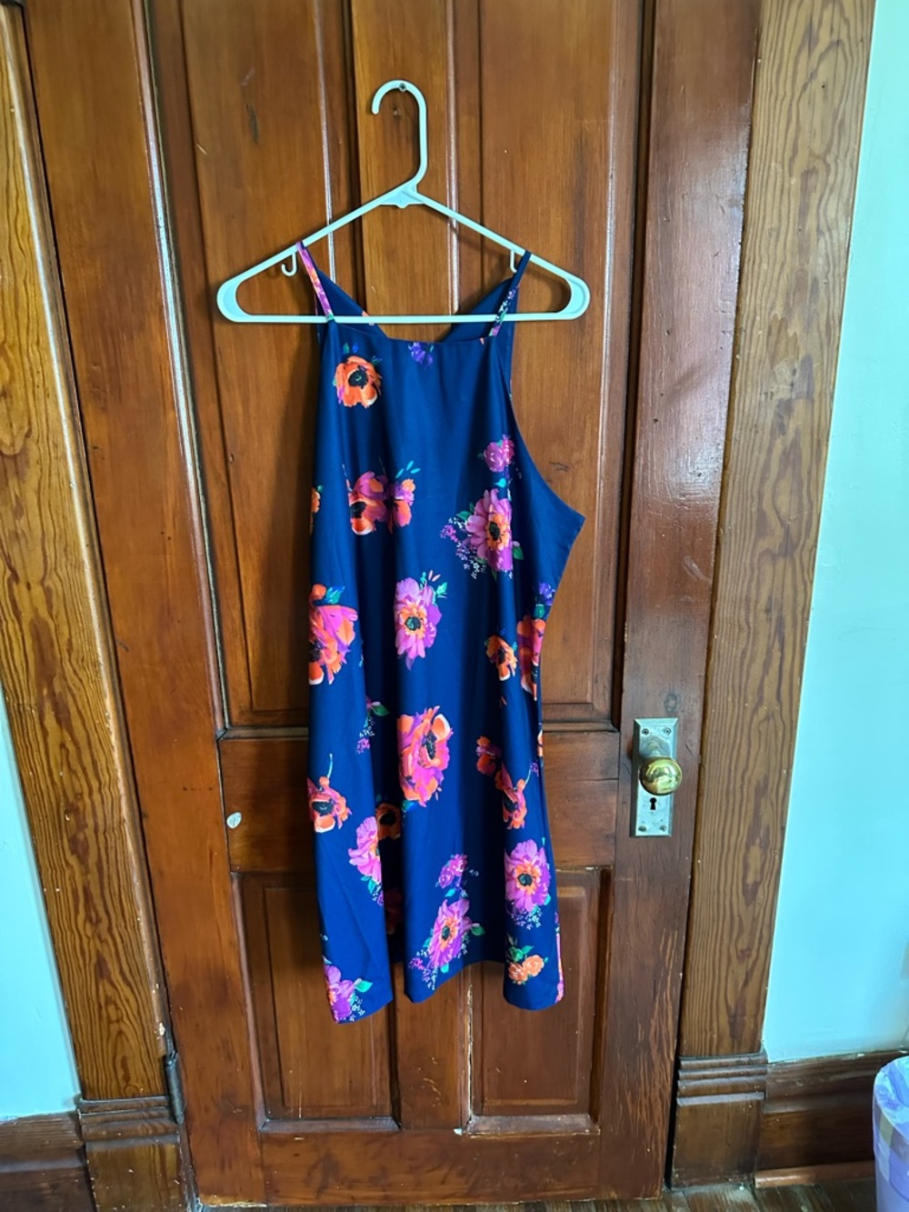 Amazon Navy Blue Floral Mini Dress with Pink and Orange Blooms